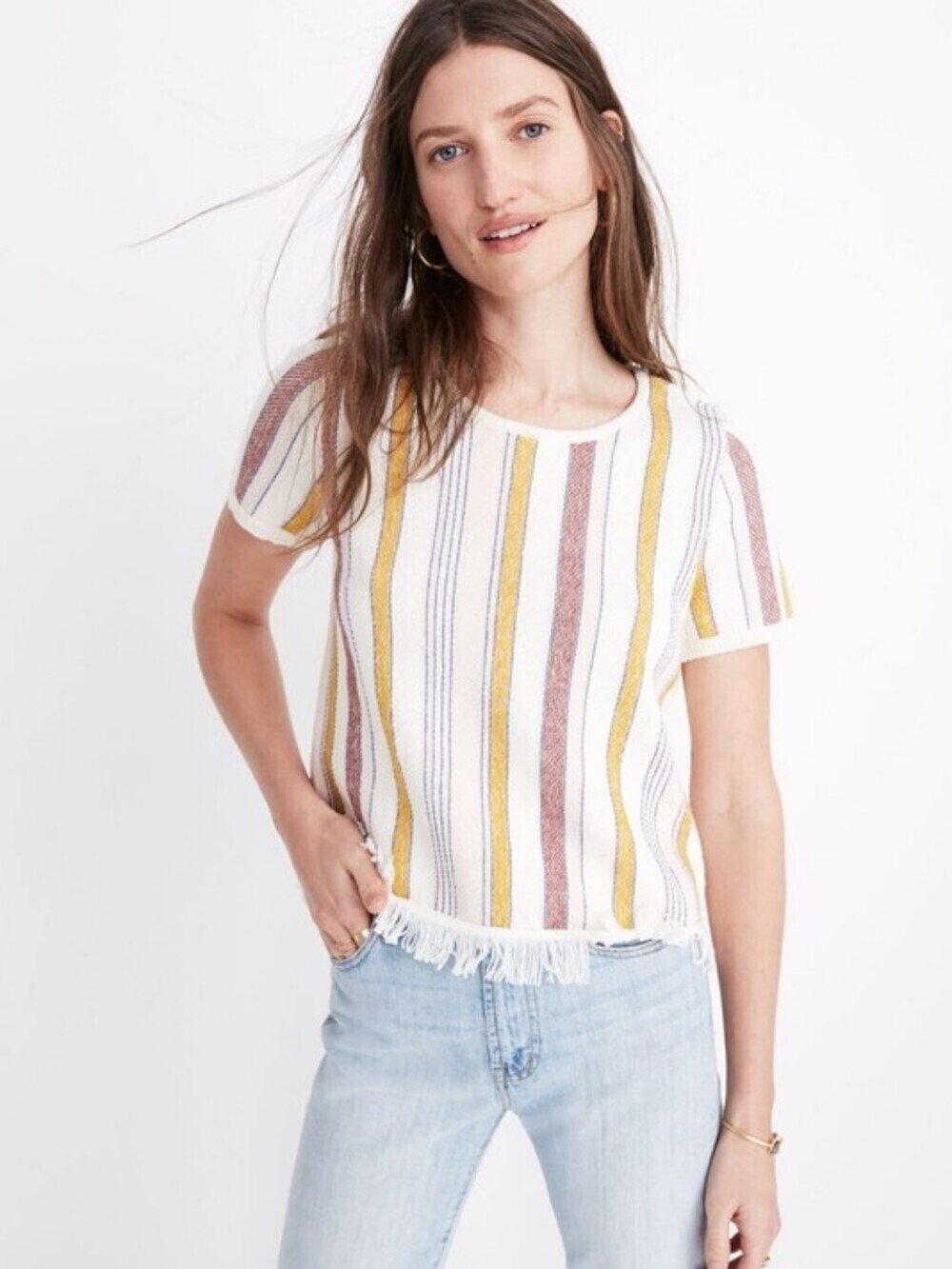 Madewell Blakley Striped Short Sleeve Fringe Boho Top Sz XS